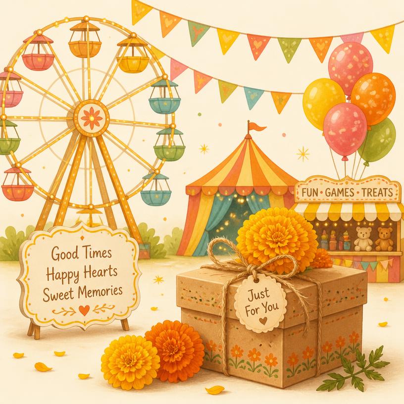 Fun Fair stall with balloons, bunting and a Marigold gift box