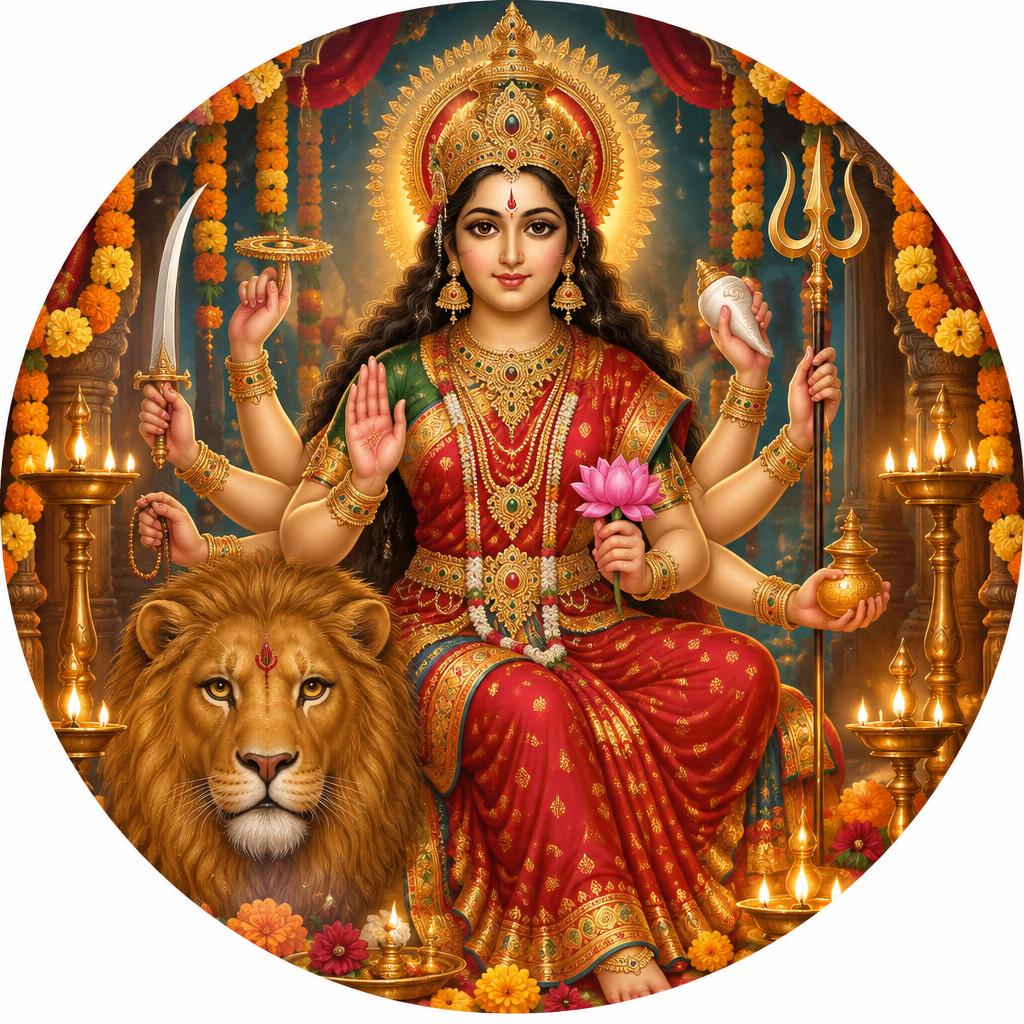 Goddess Durga with marigolds and glowing diyas